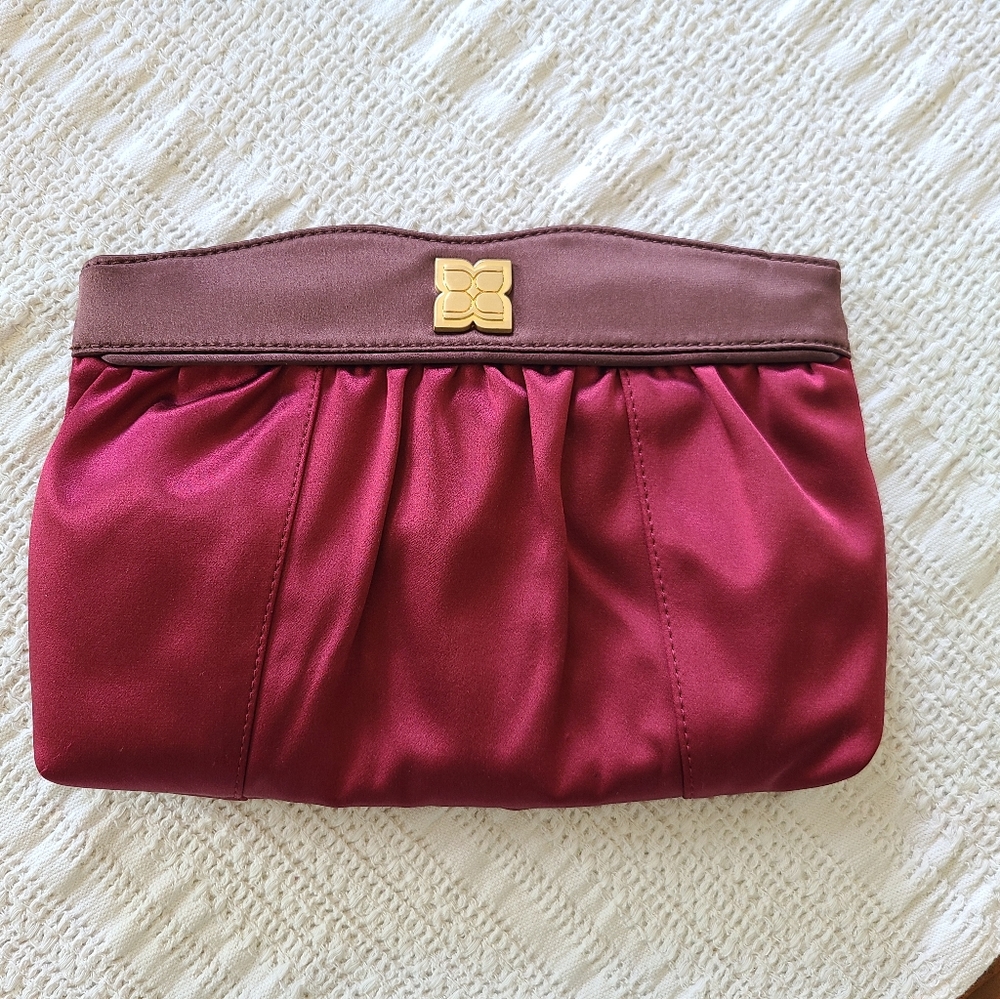BCBG Crimson/Burgundy and Brown Satin Clutch